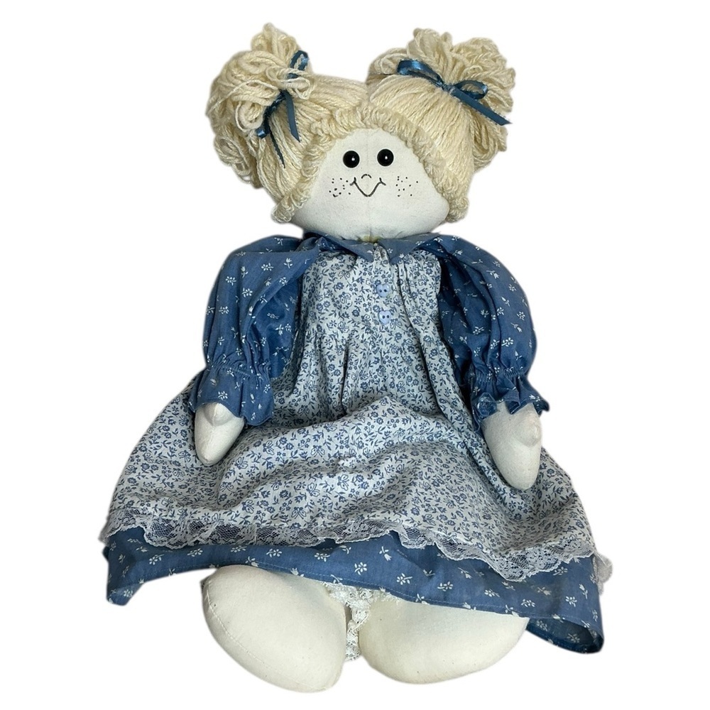 Shelf Sitter Rag Doll Hand Made Yarn Hair Blue Floral Dress 24 Inch
